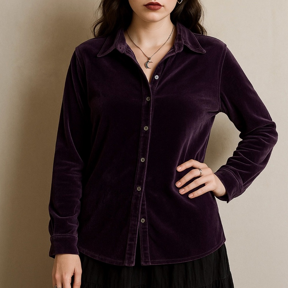 Vintage Y2K Croft & Barrow Plum Velvet Button Front Top S Whimsigoth